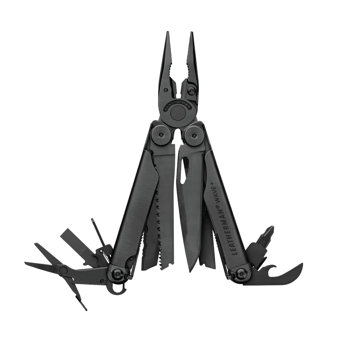 Leatherman Wave+ multi-tool with pliers deployed, showing its 18 locking tools