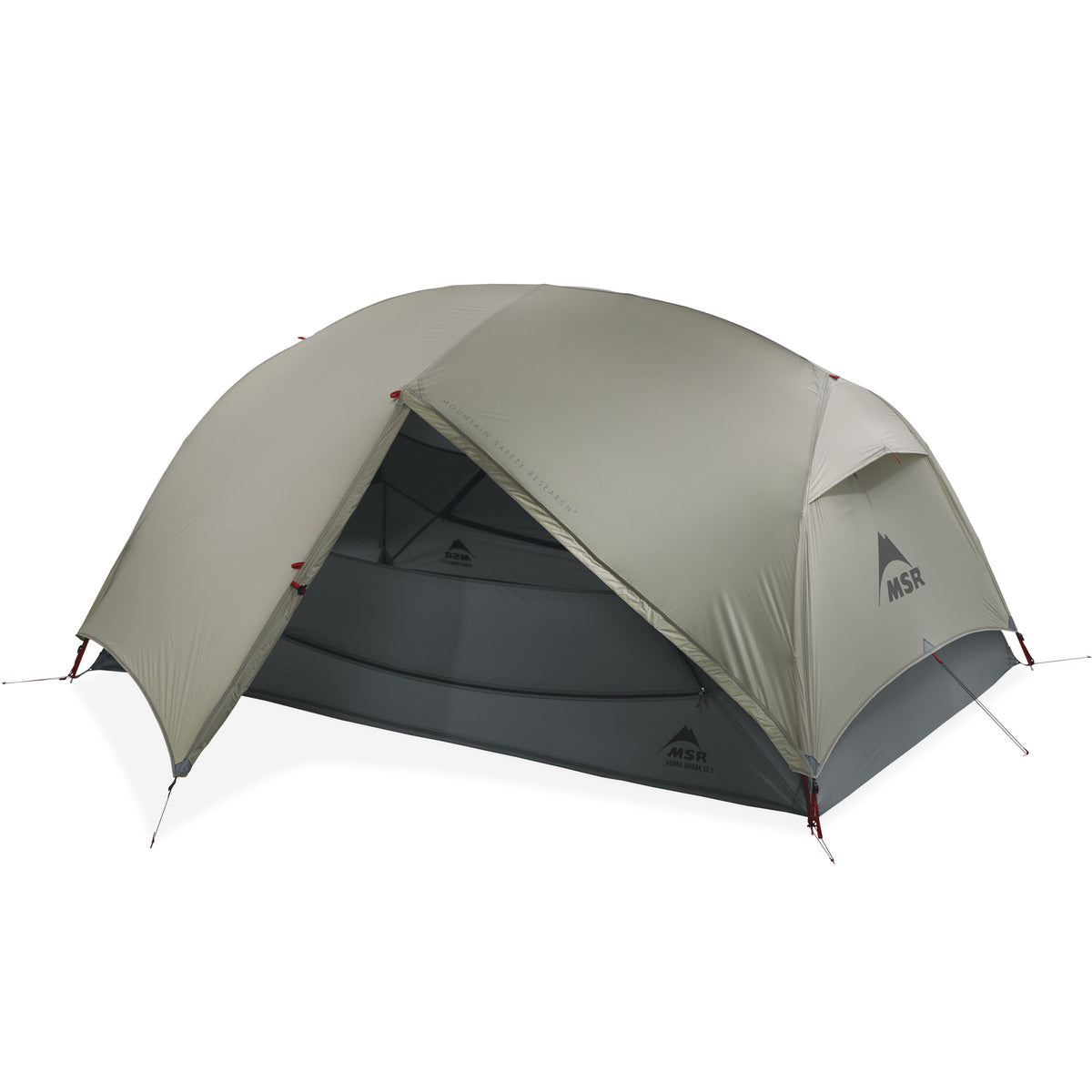 MSR Hubba Hubba LT 2 with rainfly door open showing the vestibule and StayDry rain gutter