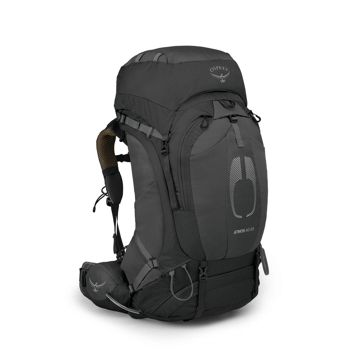Side profile of the Osprey Atmos AG 65 showing the Fit-on-the-Fly hip belt and side zip access