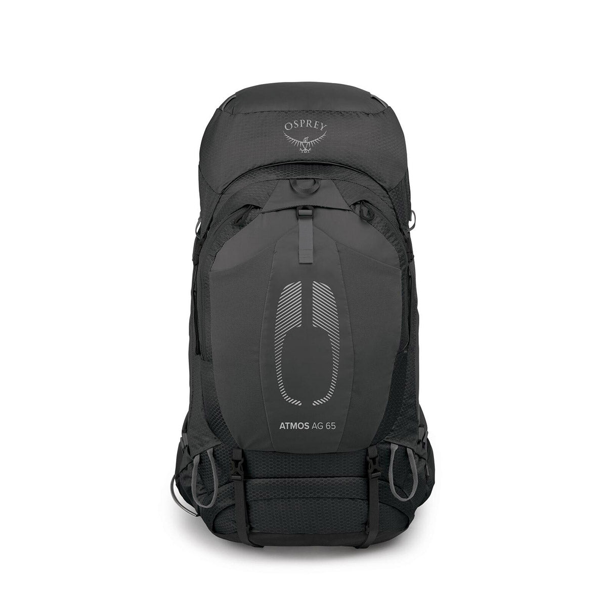 Osprey Atmos AG 65 backpack in black, showing the AntiGravity suspended mesh back panel
